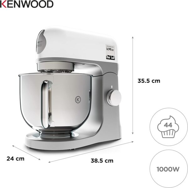 Kenwood KMX750WH KMIX Planetary Mixer with Bowl with Steel Handle 5L, 3 Mixing Hooks, 1000W Power, Customizable with Over 20 Accessories Available Separately, White