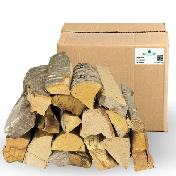 acquaverde | Legna da ardere di Faggio, Tronchetti da 25 cm, Secca e pronta all'uso per Riscaldamento, Stufe, Caminetti e Barbecue (4 Cartoni, 60 kg)